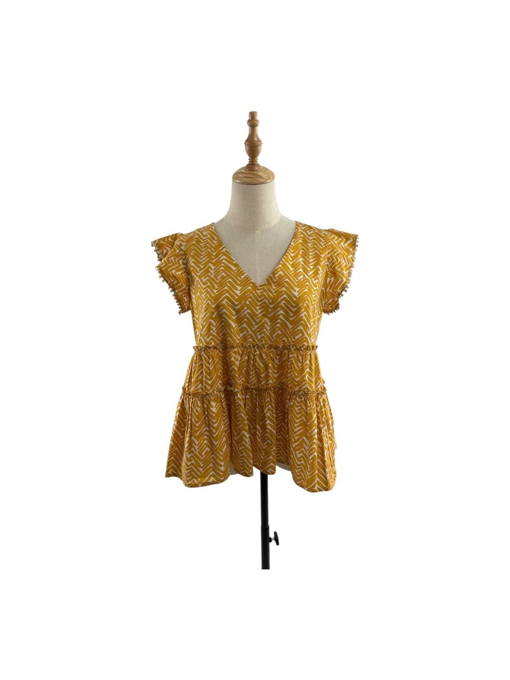 THML Boho Yellow Print Tiered Ruffle Top, Size M